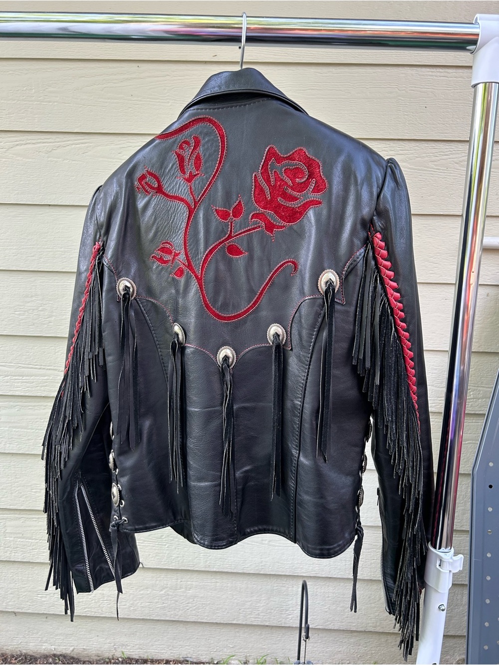 Black Leather Jacket with Red Embroidered Accents - Picture 2 of 6